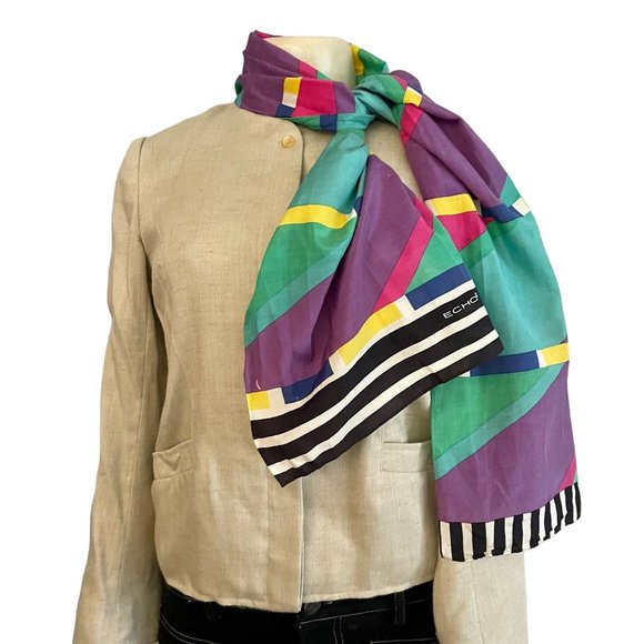 Vintage Scarf by Echo Geometric MOD in Green Purple Yellow Midcentury Pattern. - Picture 2 of 10